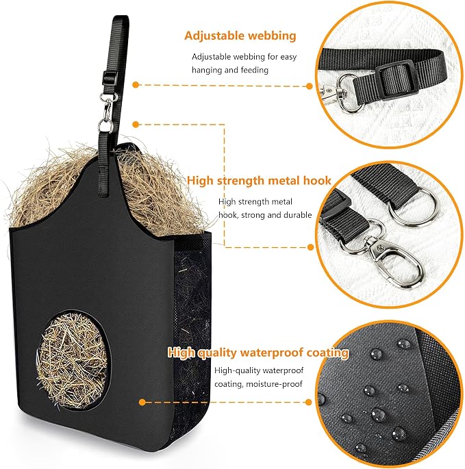4 Pcs Hay Bag Hanging Goat Feeder Tote Premium Oxford Cloth with Metal Ring and Adjustable Strap for Horses Donkeys Cows Alpacas Ostriches or Other Animals Black