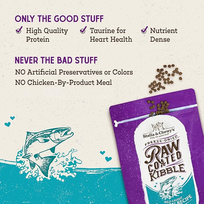 Stella & Chewy's Raw Coated Cat Food - High Protein, Grain-Free Kibble with Wild-Caught Salmon - Premium Digestive Support with Probiotics - Natural Small Kibble - Perfect for Picky Eaters - 5 lb Bag