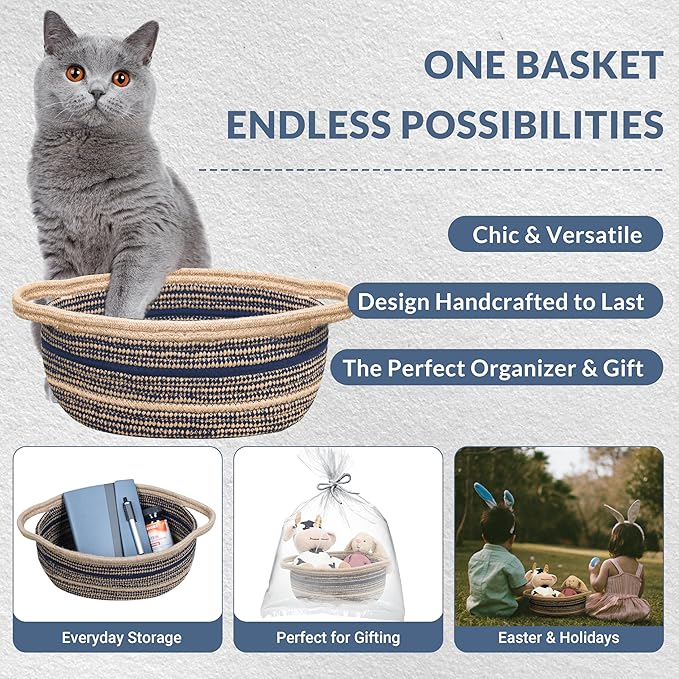 ZOES HOMEWARE Sapphire Blue Small Basket for Gifts, Jute&Cotton Woven Bin for Cat & Dog Toy, Cute Small Rope Basket for Nursery, Living Room& Bathroom, 13''x8''x5.5''
