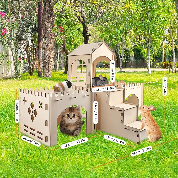 Bissap Wooden Rabbit Hideout Castle, Extra Large Bunny Houses and Hideouts Indoor Outdoor Rabbit Hidey Habitat for Bunnies Chinchillas Hamsters Guinea Pigs Detachable Small Animal Play Hideaway Hut
