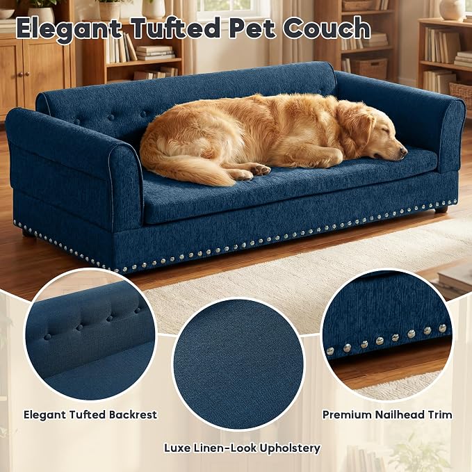 55" Dog Sofa for Medium to Large Dogs, Button Tufted Dog Couch Bed with Backrest and Armrests, Durable Memory Foam Pet Bed, Removable Cushion for Medium and Large Dogs, Blue