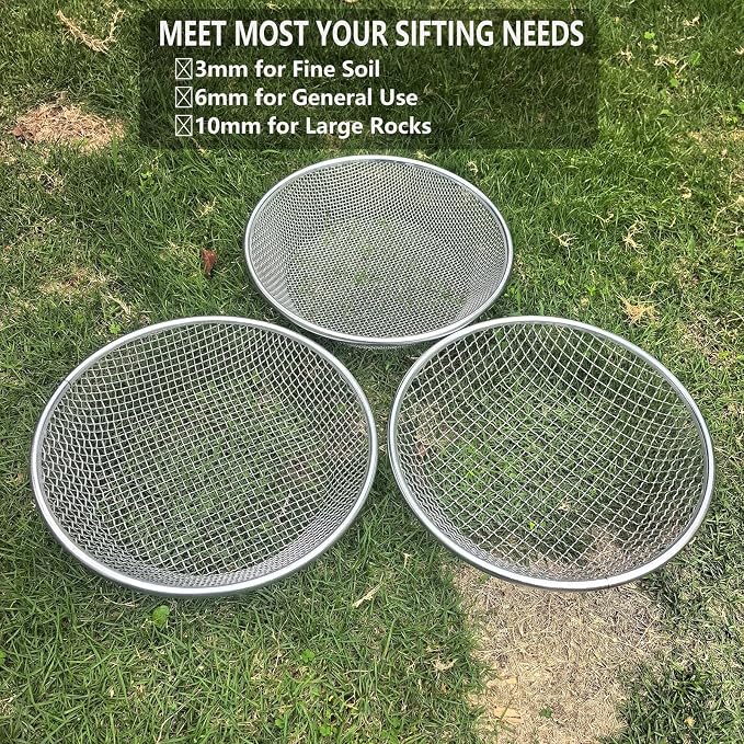 3 Pack Soil Sifter for Gardening, Heavy Duty Galvanized Steel Compost Sieve, Round Garden Sifter for 5 Gallon Bucket, 3 Mesh Sizes (1/8", 1/4", 3/8")