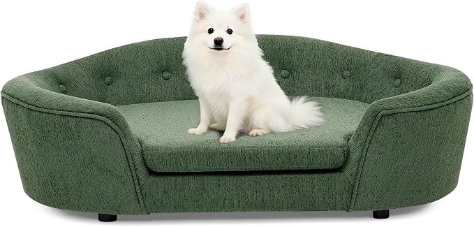 Dog Couch Bed with Oval Semi-Enclosed, Durable Linen Material Pet Sofa Couch with Soft Foam Cushion, Dog Sofa Bed with Legs for Medium Dogs, Green
