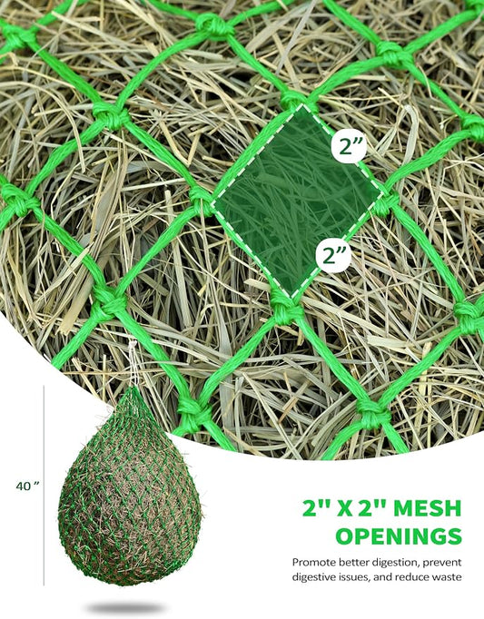 Harrison Howard Slow Feed Hay Net for Horses, 40 Inch Hay Bag Holds 1–2 Flakes, 2 Inch Mesh Durable Hanging Feeder for Stable, Pasture & Livestock-Bright Green