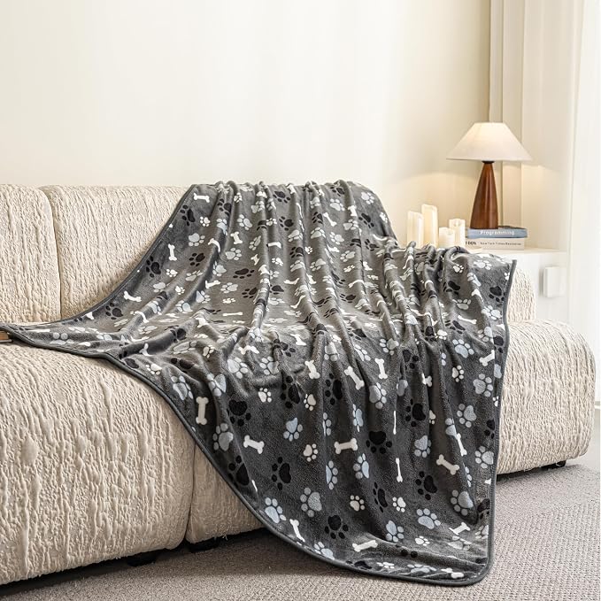 Dog Blanket Paw Bone Pattern 1 Pack 1 Super Soft Warm Flannel Sofa Cover Car Bed Protector, Urine Proof Washable Outdoor Pet Blanket for Puppy Large Dogs & Cats,80"*60" Grey