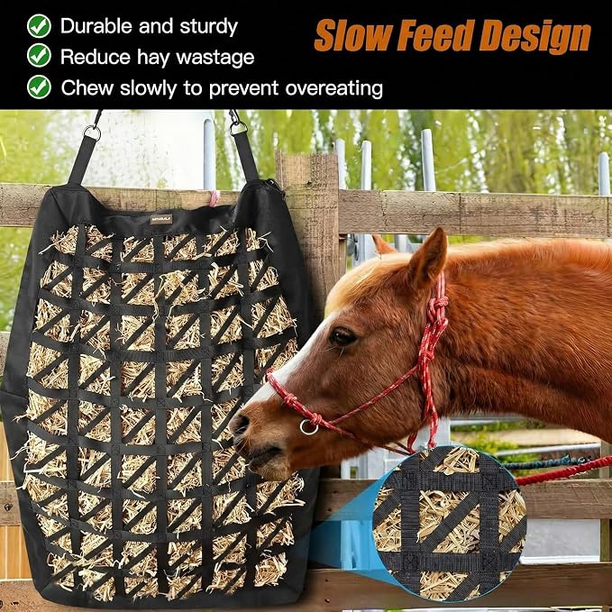Hay Bag for Horses,Ultra-Slow Feed Hay Bag for Ground Feeding,Designs for Horses,Goats,Cows,Premium 1680D Oxford Cloth,Easy to Fill and Hang with Wide Opening and Adjustable Straps (1)