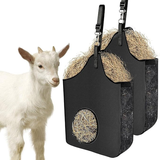 2 Pcs Hay Bag Hanging Goat Feeder Tote Premium Oxford Cloth with Metal Ring and Adjustable Strap for Horses Donkeys Cows Alpacas Ostriches or Other Animals Black