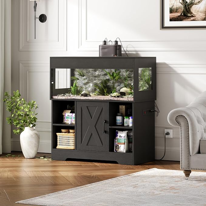 Herture 40 Gallon Reptile Terrarium Tank with Storage Cabinet, Reptile Tank with Stand, for Leopard Geckos, Corn Snakes, Juvenile Pets, Sliding Acrylic Doors, Mesh Top, Power Outlet, Black PX03RTB