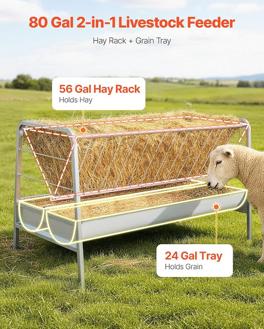 VEVOR Livestock Hay Feeder, 2 in 1 Grain & Hay Feeder, 80-Gallon Capacity, 57.9" Long Goat Pasture Feeding with Deeper Feeding Pan, Heavy Duty Steel Grain Holder for Sheep Sheds, Farms, Horse Barns