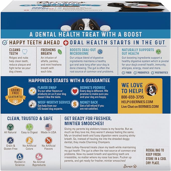 Bernie's Charming Chompers - Daily Dental Chews for Dogs 50-100 Lbs. - 24 Count - Cleans Teeth, Freshens Breath, + Boosts Oral-Gut Microbiome. Easy to Digest, Supports Healthy Digestion Naturally