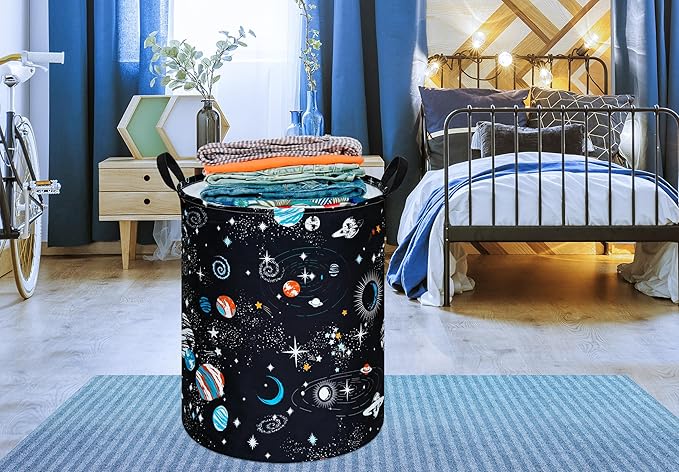 Kids Laundry Hamper Storage Basket Laundry Organizer Hamper Storage Bins Clothes Box Nursery Hamper Gift Basket with Handles (Black planet)
