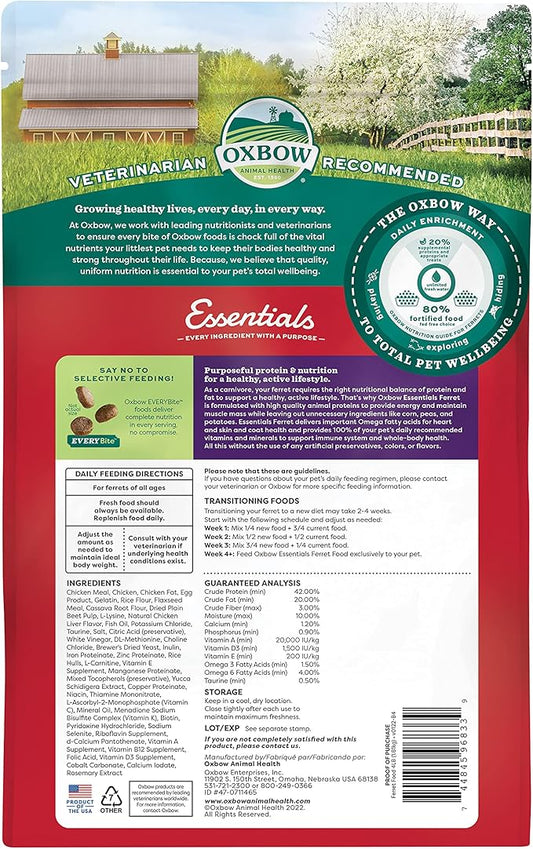 Oxbow Essentials Ferret Food,Vitamin & Mineral Rich Formula for Ferret,High Protein Food & High Fat,Small Animal Pet Products, Made in USA,4 lb Bag,(Pack of 2)