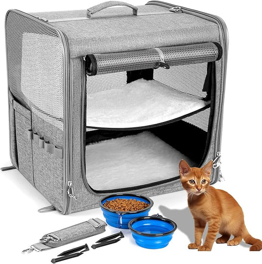 Cat Carrier for 2 Cats, Pet Travel Carrier for Cats and Small Dogs Up to 45 Lbs, Bowls, and Locking Zippers