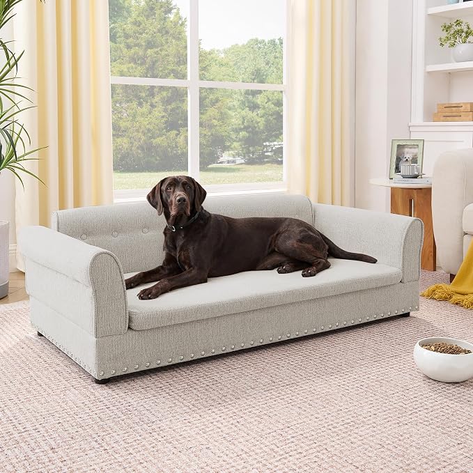 55" Dog Sofa for Medium to Large Dogs, Button Tufted Dog Couch Bed with Backrest and Armrests, Durable Memory Foam Pet Bed, Removable Cushion for Medium and Large Dogs,Beige