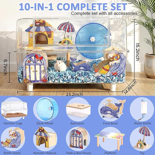 10-in-1 Acrylic Hamster Cage with Stand & Ocean Accessories, 23.2"x14.8"x15.2" Large 2-Tier Syrian Hamster Habitat, Starter Kit for Pet Mice & Hamsters, Easy to Assemble & Clean
