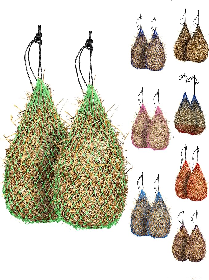 Majestic Ally 2 pcs Slow Feed 42” Hay Net for Horses, Strong Small 2x2” Holes, Nylon Rope Hanging, Adjustable Travel Feeder for Trailer and Stall, Simulates Grazing, Reduce Waste