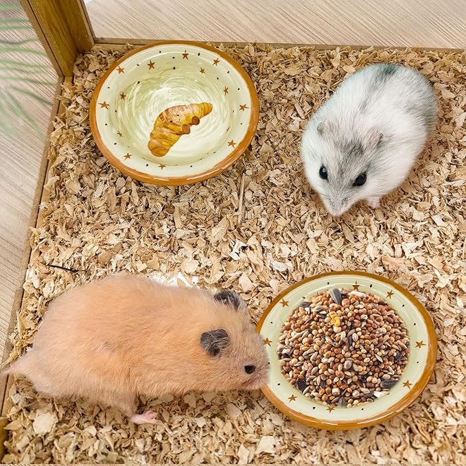 kathson Hamster Ceramic Food Bowl Small Animal Bowls with Croissant Pattern for Cage Guinea Pig Anti-Turning Food and Water Dish Pet Feeder for Gerbil Hedgehog 2PCS