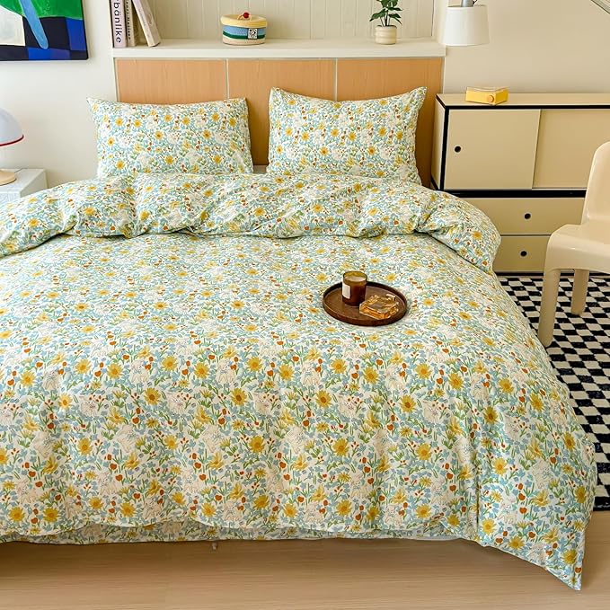 BlueBlue Floral Duvet Cover Set Queen 100% Cotton Bedding for Kids Boys Girls Teens Yellow Daisy Green Leaf White Lamb Sheep Print 1 Garden Comforter Cover Full 2 Pillow Shams, Queen