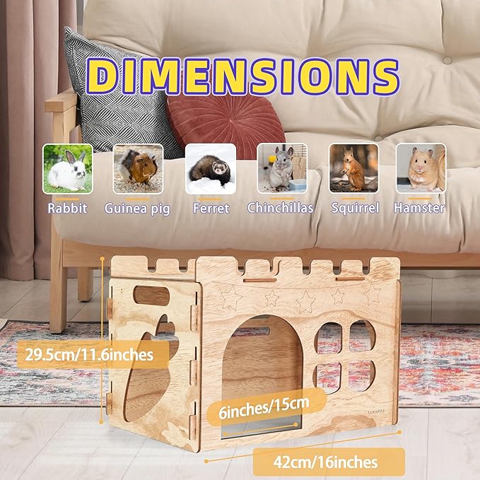 Larger Bunny Castle Sturdy Walnut Color Wooden Rabbit Hideout for Bunnies Guniea Pigs Ferrets Chinchillas Hamsters LXUS (Single Castle)