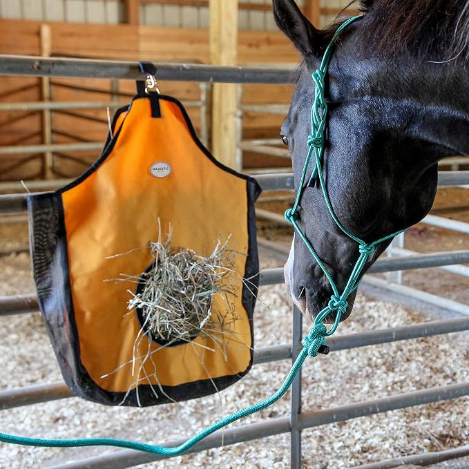 Majestic Ally 1200 D Hay Feeder Tote bag for Horses, Sheep with Reflective Trim- Reduces Waste - comes with 36” Hay Net. (Black)