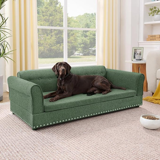 55" Dog Sofa for Medium to Large Dogs, Button Tufted Dog Couch Bed with Backrest and Armrests, Durable Memory Foam Pet Bed, Removable Cushion for Medium and Large Dogs, Green