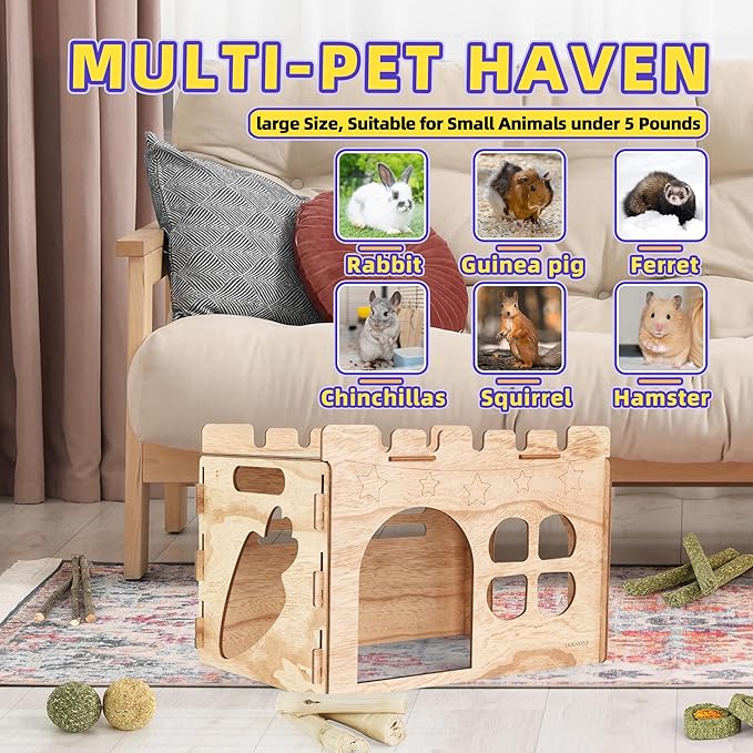 Larger Bunny Castle Sturdy Walnut Color Wooden Rabbit Hideout for Bunnies Guniea Pigs Ferrets Chinchillas Hamsters LXUS (Single Castle)