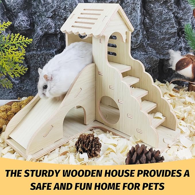 Hamster House,Tiny House with Slide House, Double-Decker Hut,Hamster Cage Accessories,Small Animal Habitat Decor for Hamster