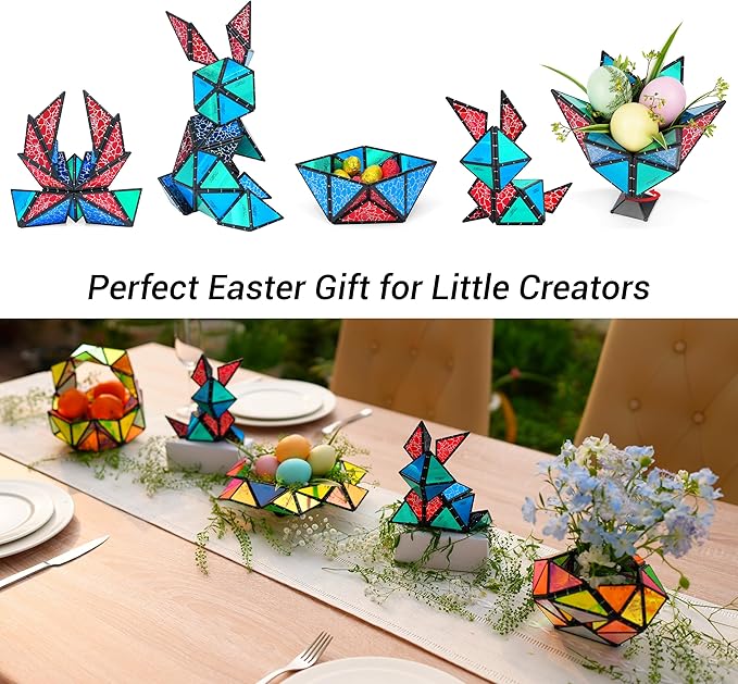 TOSY Magnet Pyramid Stone - 1 Cube Transforms into 1 Billion Shapes (Bunny, Egg, Flowers, Heart), Easter Basket Stuffers Gift, 12 pcs, 243 Magnets, Holographic Design, Puzzle/STEM Toy, 3-Pack