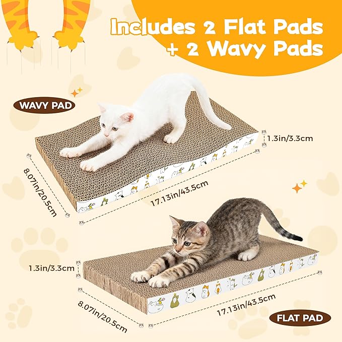 PatiencET Cardboard Cat Scratcher Pads, 4-Pack (2 Flat Double-Sided, 2 Wavy), Catnip Included, for Small and Medium Indoor Cats