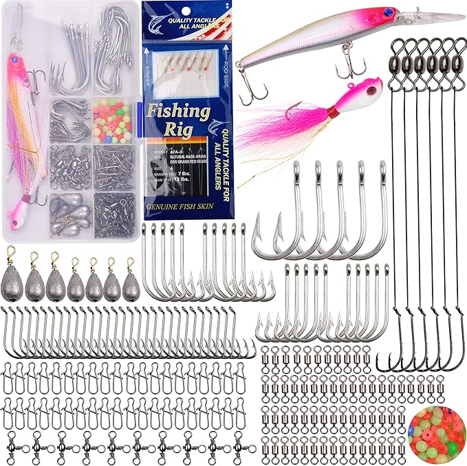 226pcs Saltwater Fishing Tackle Kit Include Fishing Lures Hooks Leader Rigs Bucktail Jig Weights Sinkers Swivel Snap Beads Various Accessories with Tackle Box for Freshwater Saltwater Fishing