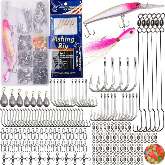 226pcs Saltwater Fishing Tackle Kit Include Fishing Lures Hooks Leader Rigs Bucktail Jig Weights Sinkers Swivel Snap Beads Various Accessories with Tackle Box for Freshwater Saltwater Fishing
