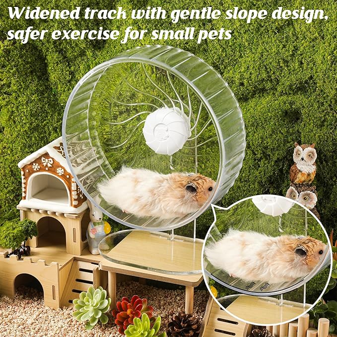 Silent Exercise Wheel with Adjustable Stand for Hamsters, Gerbils, Mice & Small Pets + Free Cleaning Cloth - 10.2" Diameter Running Wheel, Easy Clean, Anti-Slip Track (Transparent)