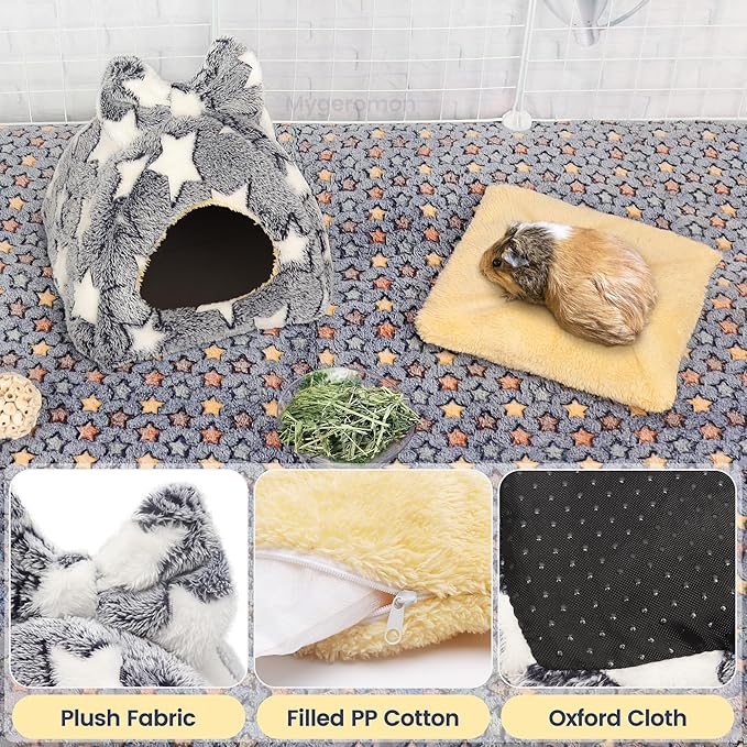 Mygeromon Guinea Pig Bed Rabbit Hideout Warm Fleece Cuddle Cup Washable Winter Sleeping House for Small Pet/Ferret/Chinchilla/Bunny (Star Style)