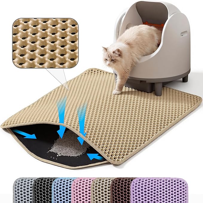 Cat Litter Mat, 24x18 Inches Large Double Layer Honeycomb Cat Litter Trapping Mat, Non Slip Waterproof Urine Proof Cat Litter Box Mat for Floor, Kitty Litter Rug, Cat Supplies, Beige