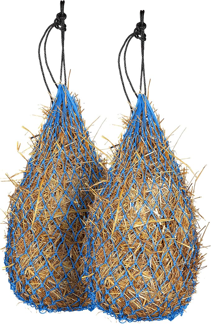 Majestic Ally 2 pcs Slow Feed 42” Hay Net for Horses, Strong Small 2x2” Holes, Nylon Rope Hanging, Adjustable Travel Feeder for Trailer and Stall, Simulates Grazing, Reduce Waste