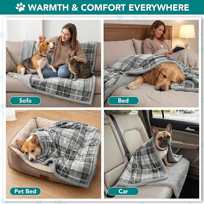PetAmi Dog Blanket for Small Medium Dogs and Cats, Soft Sherpa Fleece Pet Blanket Throw Puppies Kittens, Reversible Plush Couch Cover Protector Sofa Bed Crate Machine Washable, 60x40, Plaid Light Gray