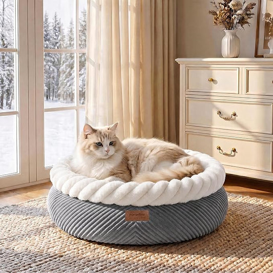 FUKUMARU Cat Bed, Calming Donut Dog Beds, Plush Faux Fur&Corduroy Cat Beds, Cute Round Washable Pet Bed for Large Cats and Small Dogs, Cat Cave with Anti-Slip Bottom, 21inch, Grey