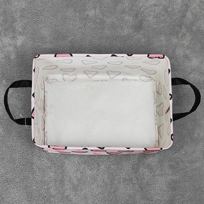 Storage Bins, Nursery Hamper Canvas Laundry Basket Foldable with Waterproof PE Coating Large Storage Baskets for Kids Boys and Girls, Office, Bedroom, Clothes,Toys(Rec-Pink Love ）