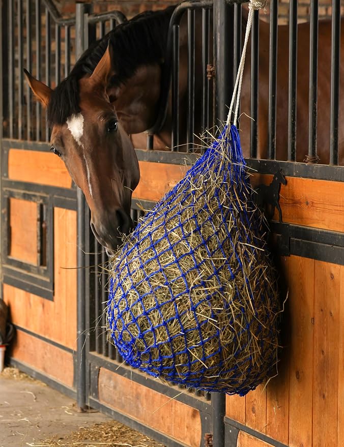 Harrison Howard Slow Feed Hay Net for Horses, 40 Inch Hay Bag Holds 1–2 Flakes, 2 Inch Mesh Durable Hanging Feeder for Stable, Pasture & Livestock-Blue
