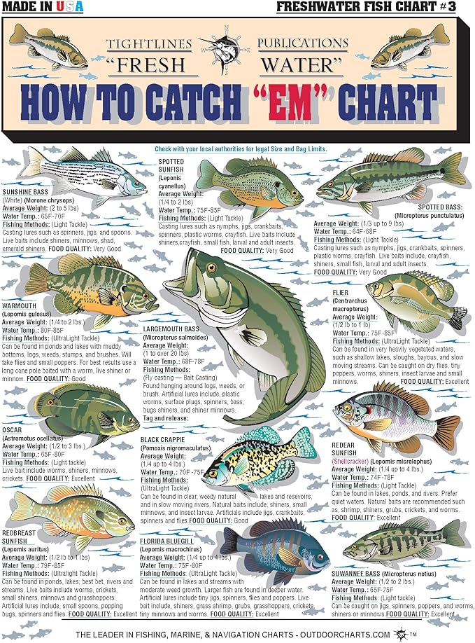 Freshwater Fish Identification Chart #3 - Waterproof Quick Reference Fishing Guide - Species ID + Fishing Methods - Double-Sided & Easy to Read - Great Gift for Beginners