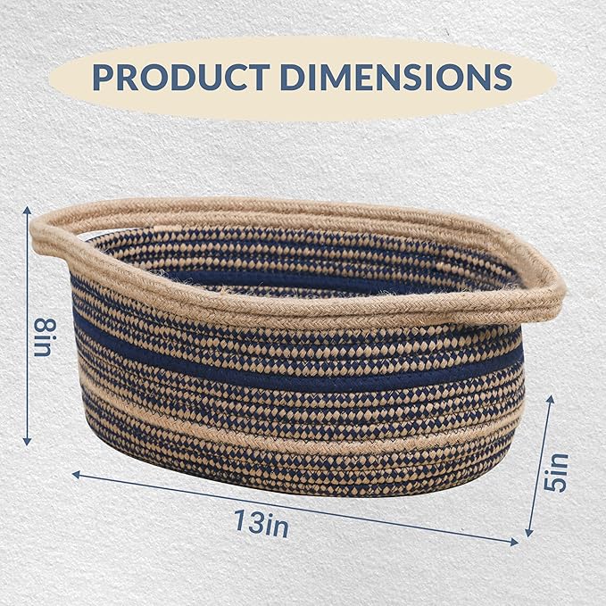 ZOES HOMEWARE Sapphire Blue Small Basket for Gifts, Jute&Cotton Woven Bin for Cat & Dog Toy, Cute Small Rope Basket for Nursery, Living Room& Bathroom, 13''x8''x5.5''