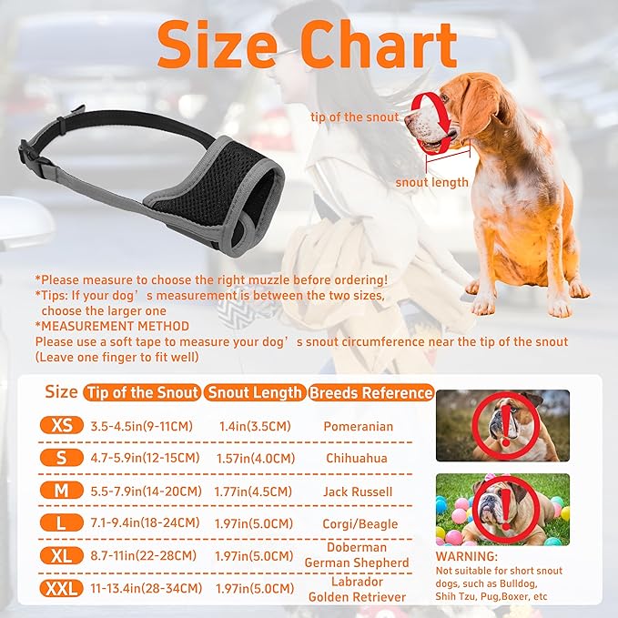 Seyezo Soft Breathable Dog Muzzle, Air Mesh Nylon Cover, Adjustable, 6 Sizes (Grey, S)