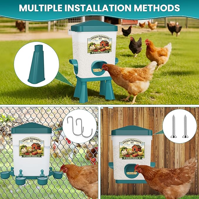 Erinaik Chicken Feeder and Waterer Set, 3 Gallon/16 LB Automatic Poultry Feeding System with Hanging Option, No Waste Feeder Ports & Water Cups, BPA-Free, Ideal for Hens Ducks and Poultry (BLUE2)