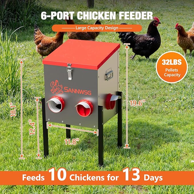 Chicken Feeders,30 lb Capacity 6 Port Automatic Chicken Feeder, Metal Chick Feeder with Locking Lid and Legs, Chicken Feeder for Chickens, Ducks, Geese