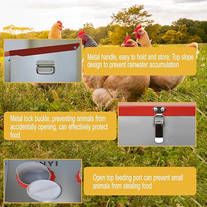 XINYI Automatic Metal Chicken Feeder, 27.6 Gallon Large Capacity with 10 No Waste Ports, Gravity Feeder with Locking Lid & Riveted Handles, Rodent Proof and Weatherproof for Your Chicken Coop
