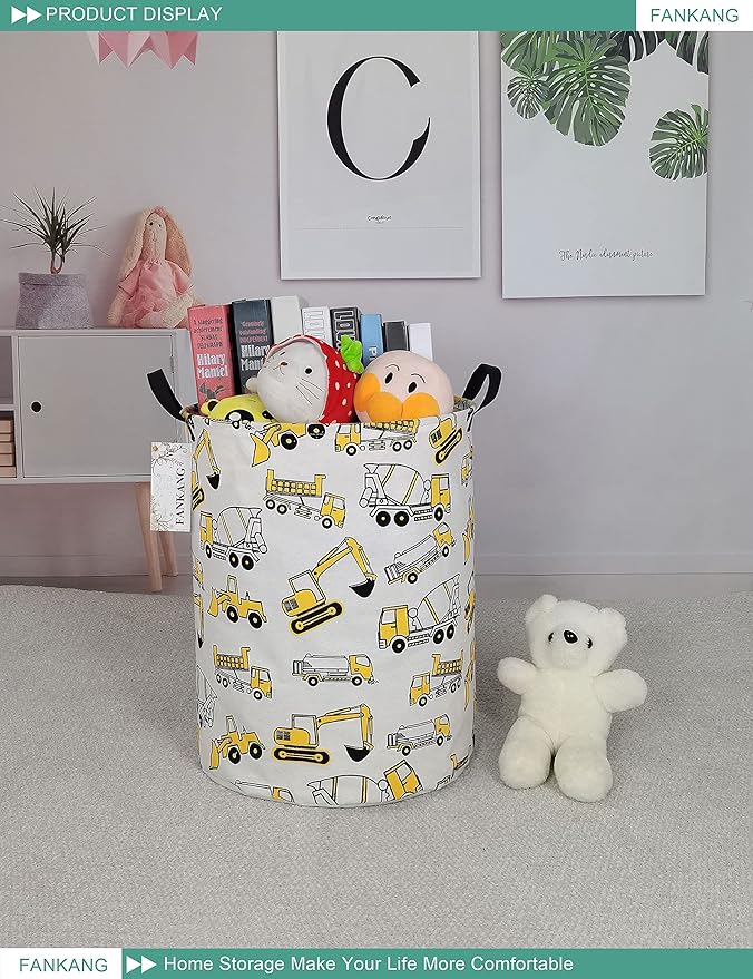Storage Basket, Nursery Hamper Canvas Laundry Basket Foldable with Waterproof PE Coating Large Storage Baskets for Kids Boys and Girls, Office, Bedroom, Clothes,Toys（excavator）