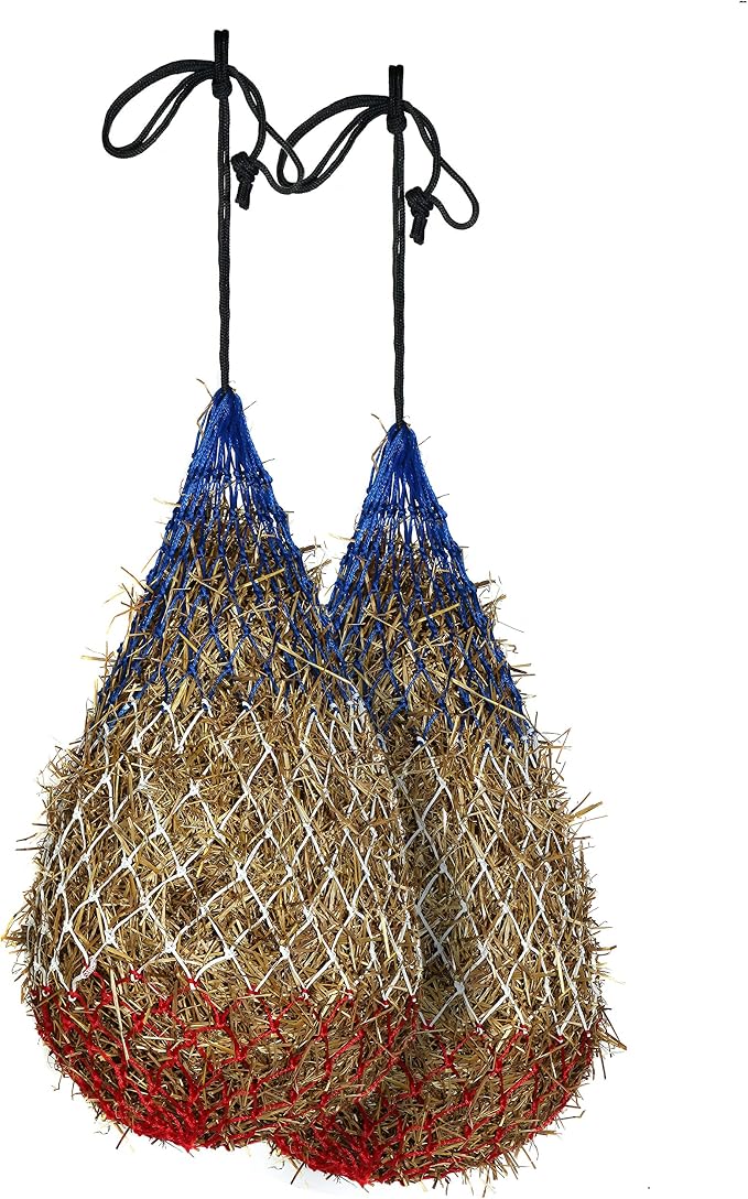 Majestic Ally 2 pcs Slow Feed 42” Hay Net for Horses, Strong Small 2x2” Holes, Nylon Rope Hanging, Adjustable Travel Feeder for Trailer and Stall, Simulates Grazing, Reduce Waste