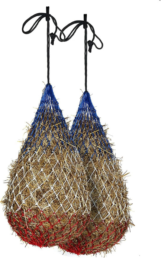 Majestic Ally 2 pcs Slow Feed 42” Hay Net for Horses, Strong Small 2x2” Holes, Nylon Rope Hanging, Adjustable Travel Feeder for Trailer and Stall, Simulates Grazing, Reduce Waste