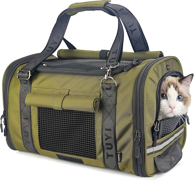 Soft Sided Cat Carrier for Anxious Cats with Privacy Flaps, Airline Approved & Car Seat Safe Pet Carrier for Small Dogs & Cats, 17 x 9.5 x 10.5 in, Reinforced Resin Mesh, Metal Buckles, Green