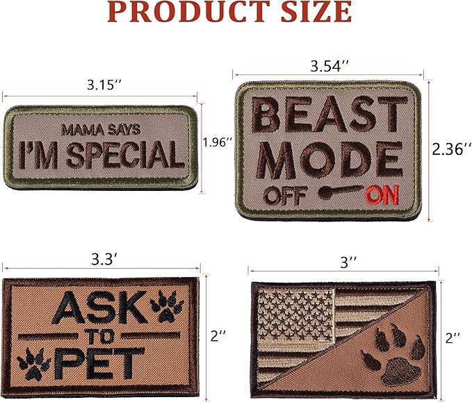 U-LIAN 4-Piece Dog Patch Set: Beast Mode On, Ask to Pet, US Flag, Mama Says I'm Special, Funny Hook & Loop Patches for Service Dogs & Multipurpose Use
